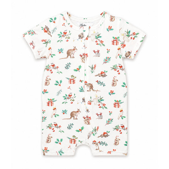 FESTIVE PRINT SS ZIP ROMPER