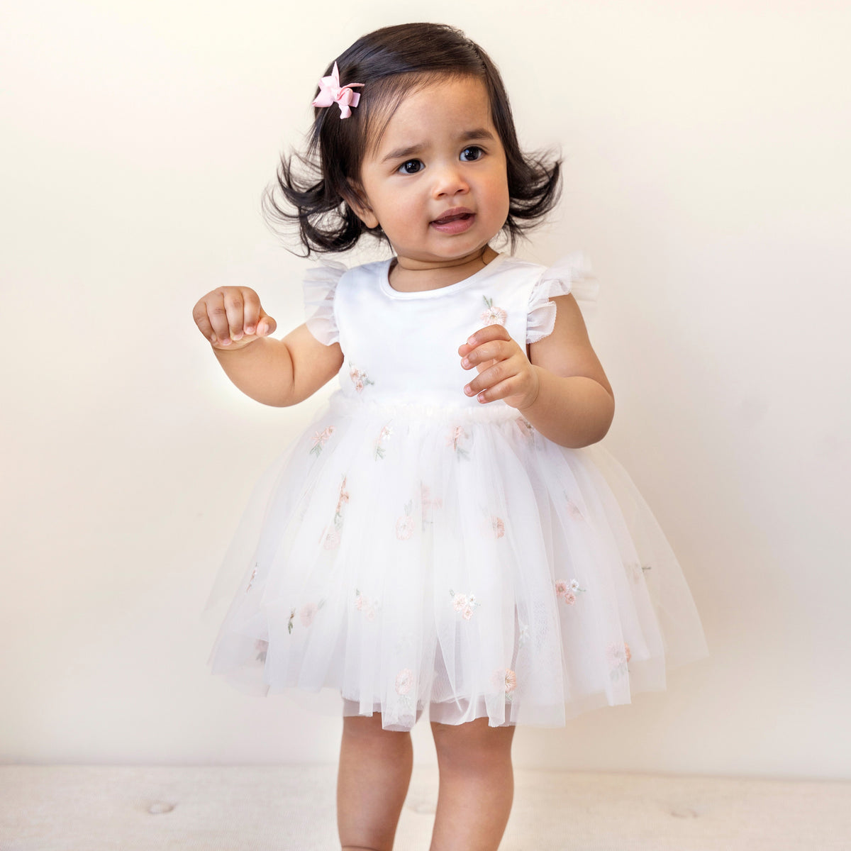 IVORY FLORAL EMBROIDERED OVERLAY DRESS