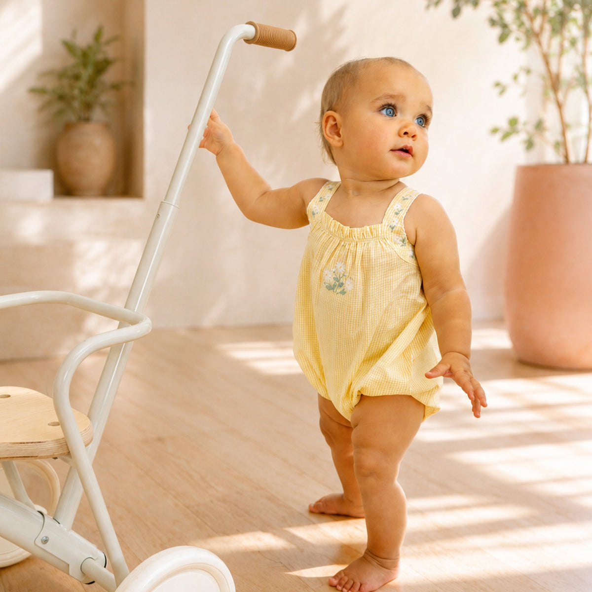 LIBBY CHECK ROMPER W EMB STRAPS