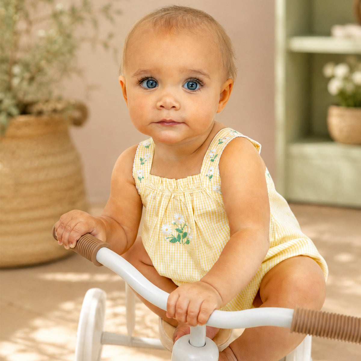 LIBBY CHECK ROMPER W EMB STRAPS